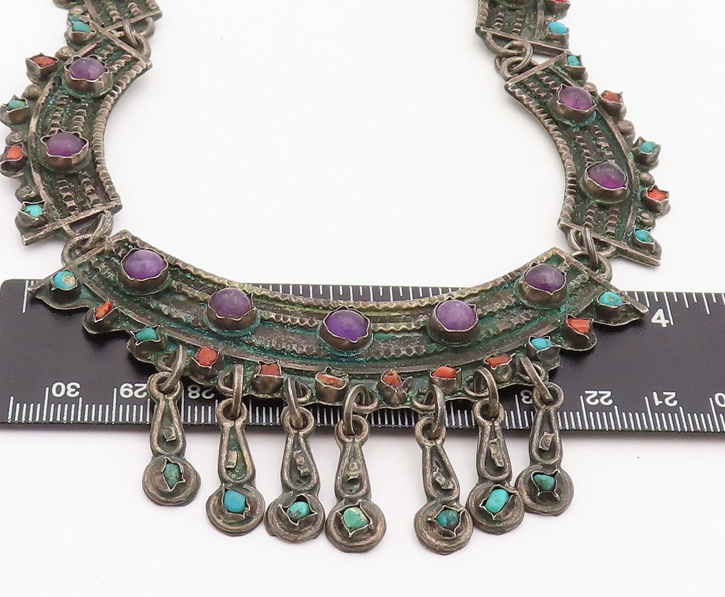 925 Sterling Silver Vintage Necklace MEXICO Real Gemstones Large Royal  NE4350