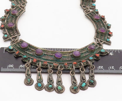925 Sterling Silver Vintage Necklace MEXICO Real Gemstones Large Royal  NE4350
