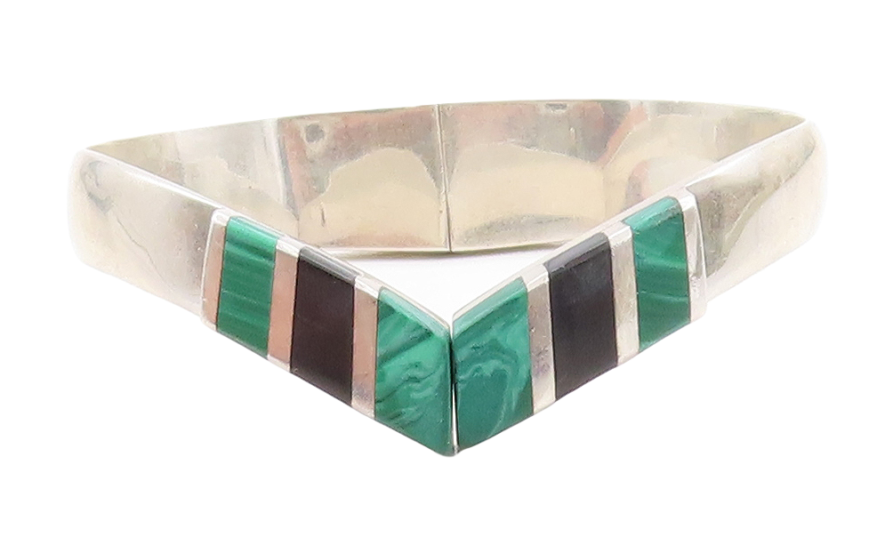 MEXICO 925 Silver  Vintage Black Onyx & Malachite Bangle Bracelet  BT2521