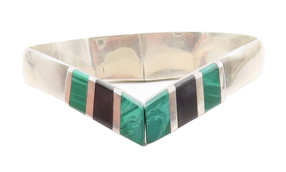 MEXICO 925 Silver  Vintage Black Onyx & Malachite Bangle Bracelet  BT2521