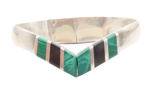 MEXICO 925 Silver  Vintage Black Onyx & Malachite Bangle Bracelet  BT2521