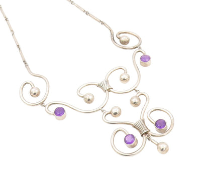 925 Sterling Silver Vintage Necklace MEXICO Amethyst Swirls Cutout  NE4488