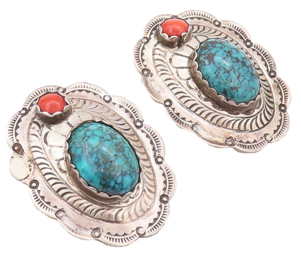 925 Sterling Silver Earrings NAVAJO Turquoise & Carnelian Swirly Etched  EG12847
