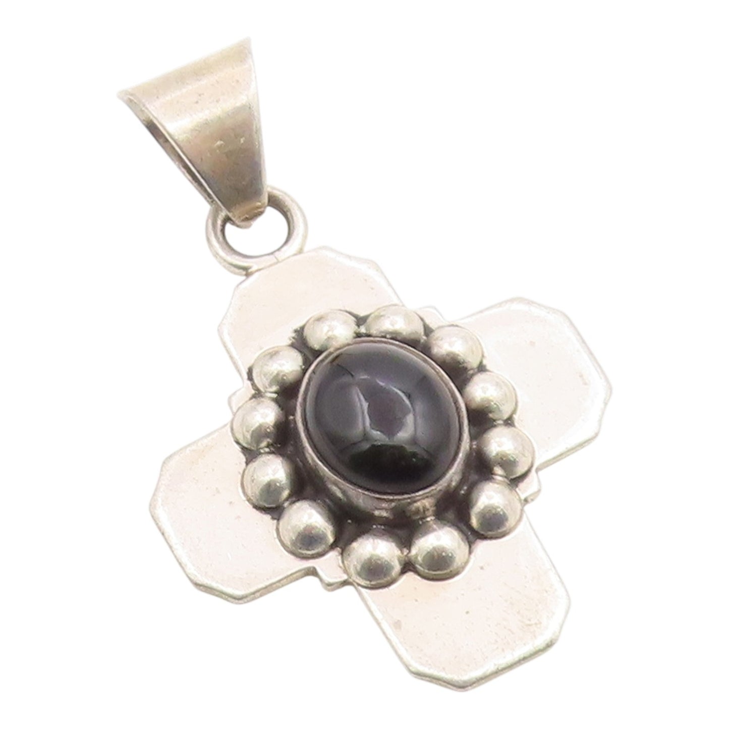 925 Sterling Silver Vintage Pendant MEXICO Black Onyx Religious Cross  PT26092
