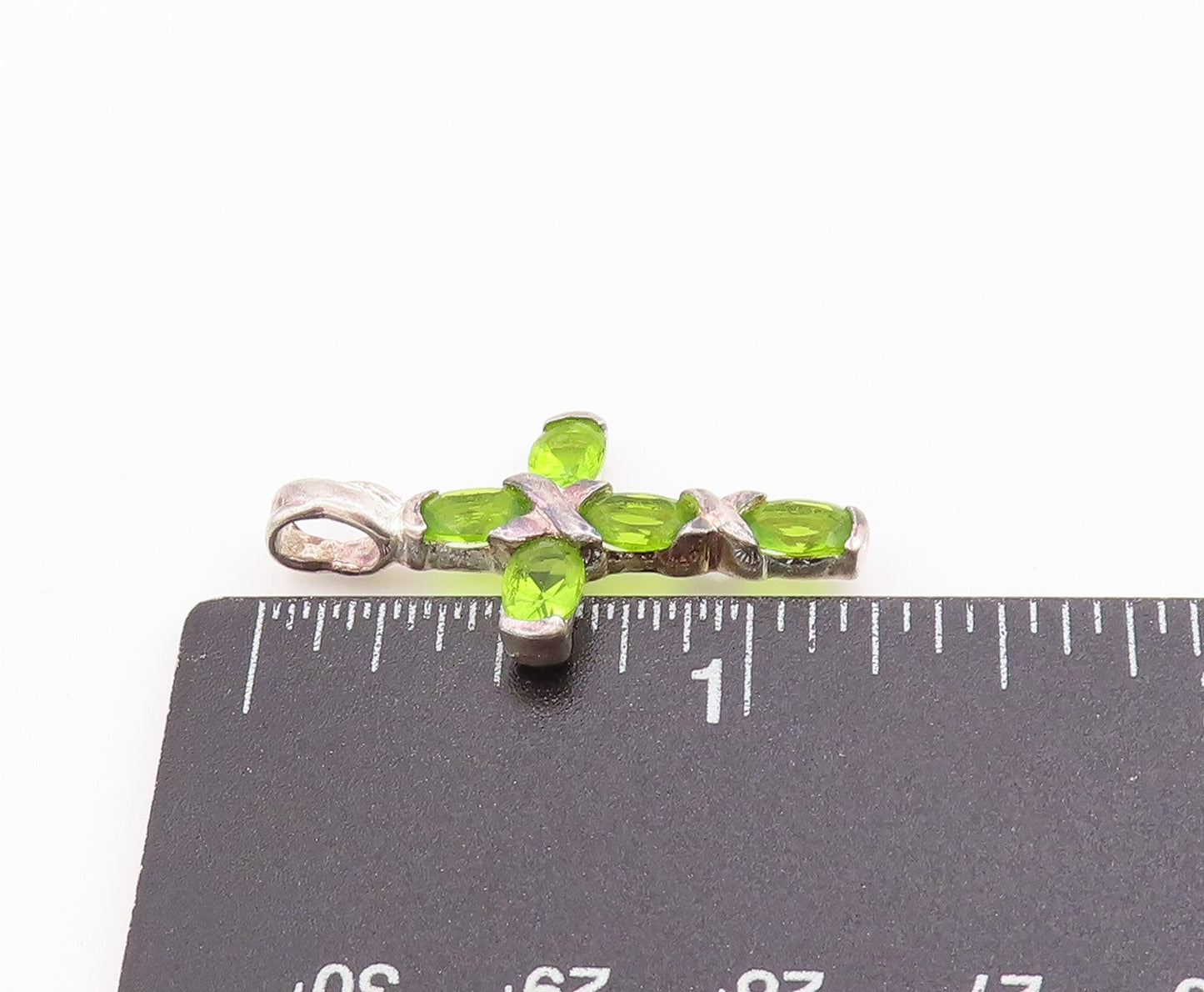 925 Sterling Silver Vintage Pendant Green Peridot Religious Cross Charm  PT24864