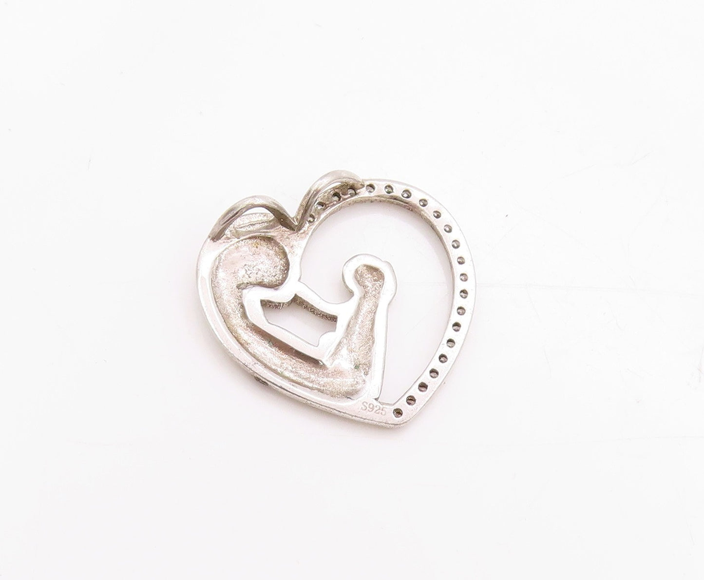 925 Sterling Silver Vintage Pendant CZ Heart Outline Motherhood Charm  PT24753