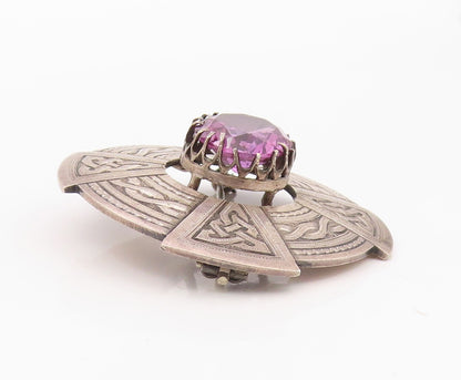 925 Sterling Silver Vintage Brooch Pin Amethyst Celtic Knotwork Shield  BP12570