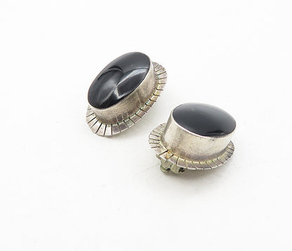 MEXICO 925 Sterling Silver  Vintage Black Onyx Oval Non Pierce Earrings EG3856