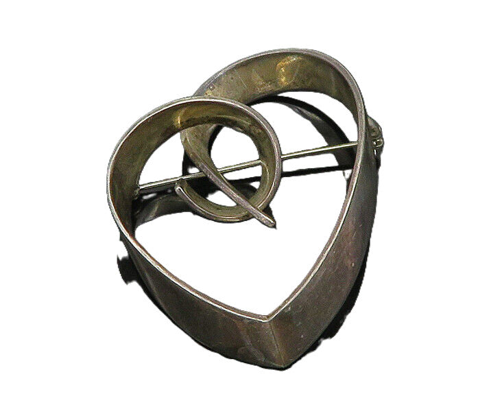 SIERRA MEXICO 925 Silver  Vintage Heavy Ribbon Love Heart Brooch Pin  BP8257