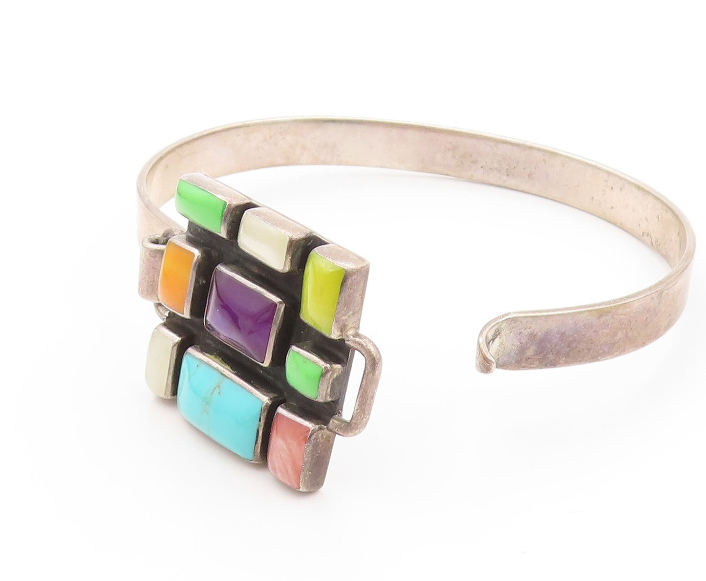 925 Sterling Silver Vintage Bracelet Rectangle Cut Multi Gemstones Inlay BT11159