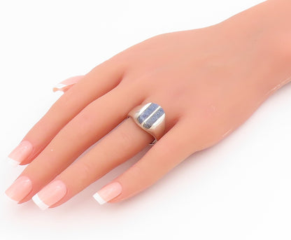925 Sterling Silver Vintage Ring Lapis Lazuli Geometric Inlay  Sz 10  RG34477