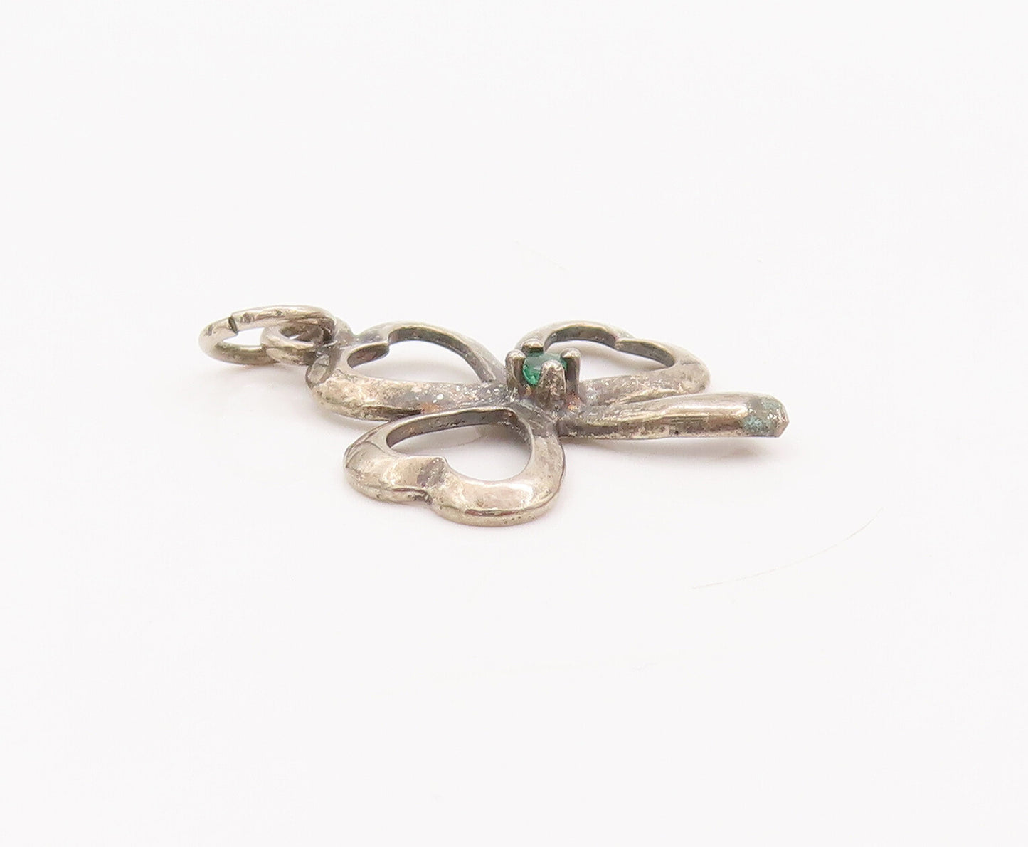 925 Sterling Silver Vintage Pendant Mini Emerald Beaded Cutout Clover  PT23072