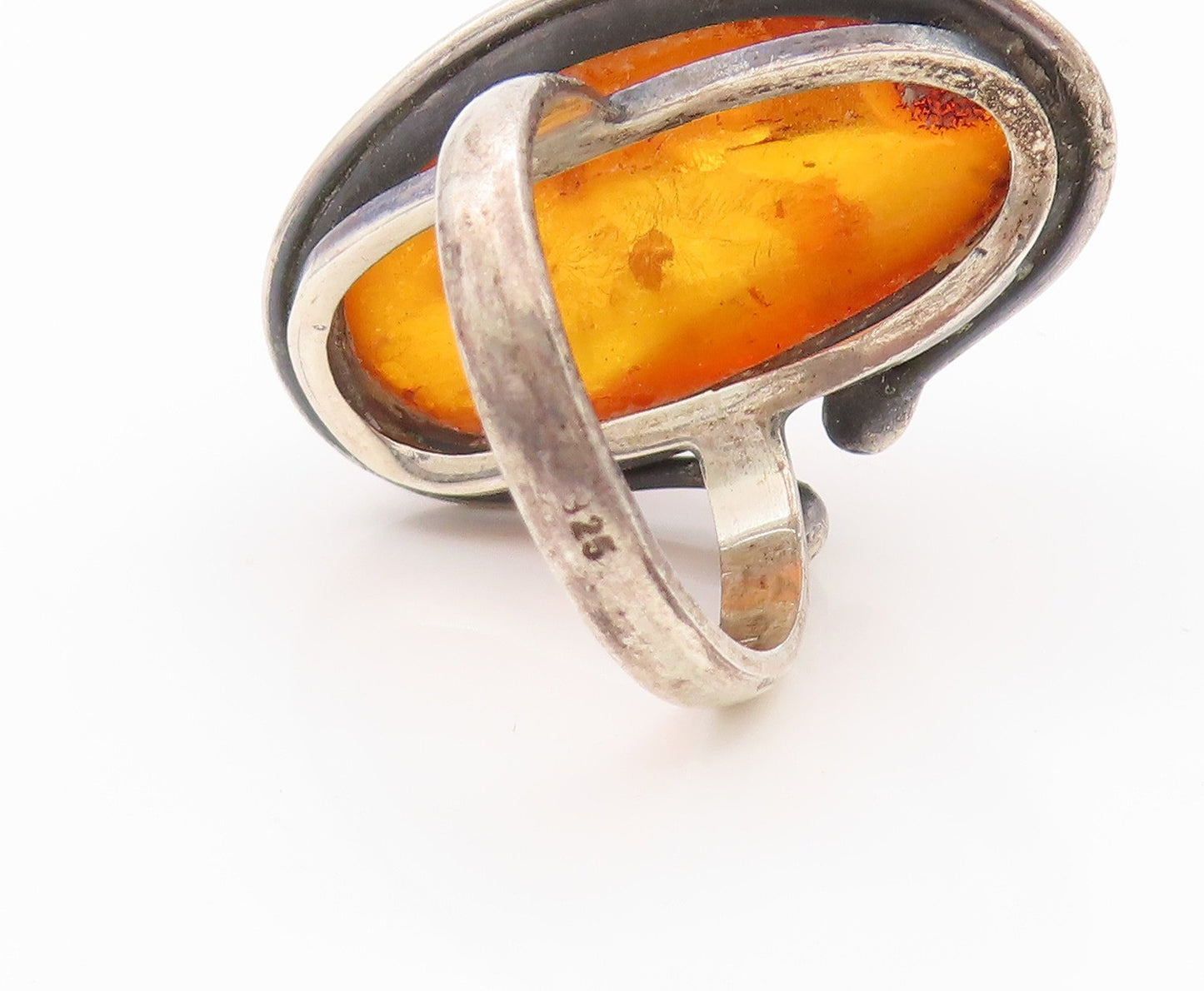 925 Sterling Silver Vintage Ring POLAND Amorphas Large Honey Amber  Sz 8 RG32716