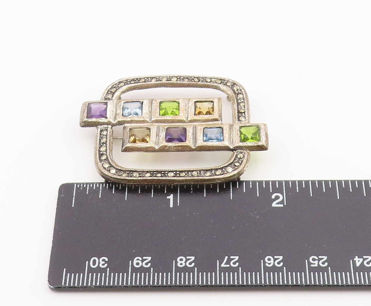 925 Sterling Silver Vintage Brooch Classic Multi Gemstone Geometric Pin  BP12592