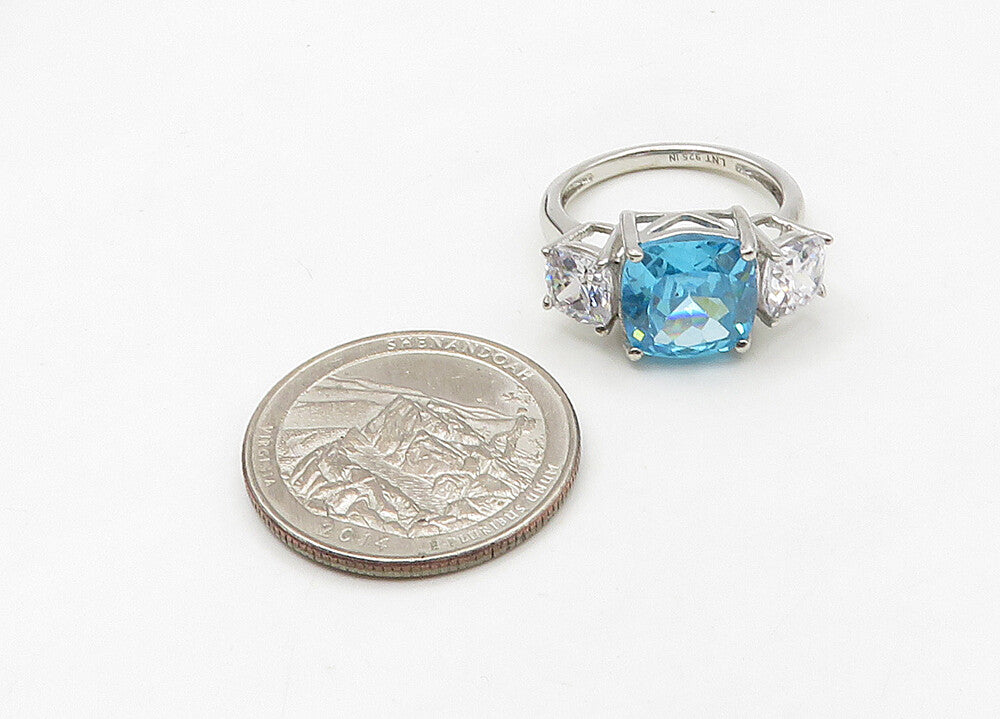 925 Silver  Vintage Blue Topaz & Cubic Zirconia Shiny Band Ring Sz 7  RG21519
