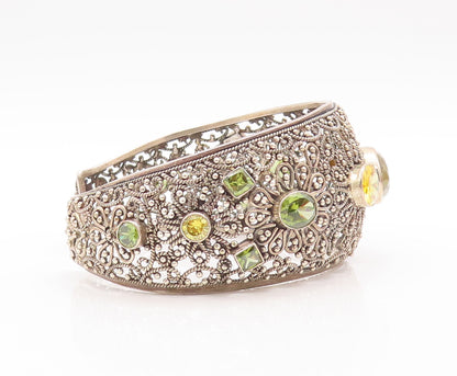 925 Sterling Silver Vintage Bracelet Floral Beaded Cutout Citrine Cuff  BT10556