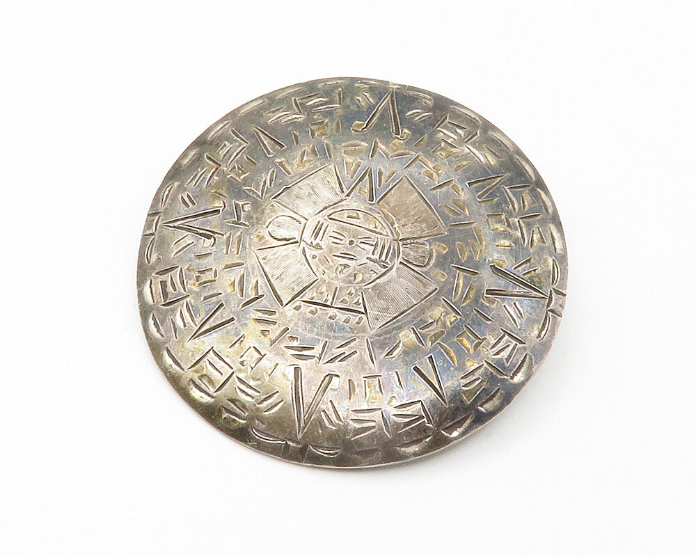 MEXICO 925 Silver  Vintage Etched Mayan Aztec Sun Calendar Brooch Pin  BP5462