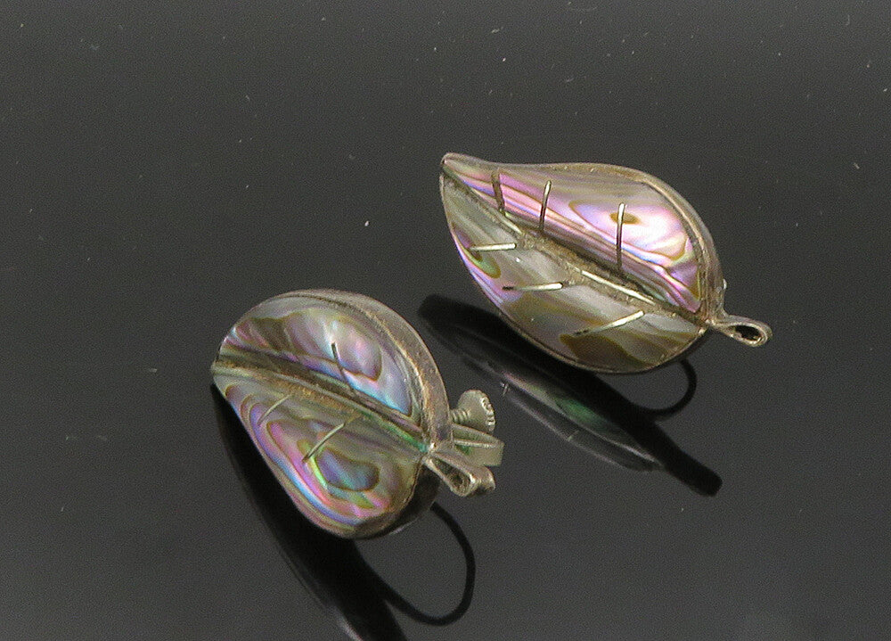 MEXICO 925 Silver  Vintage Abalone Shell Leaf Non Pierce Earrings  EG10260