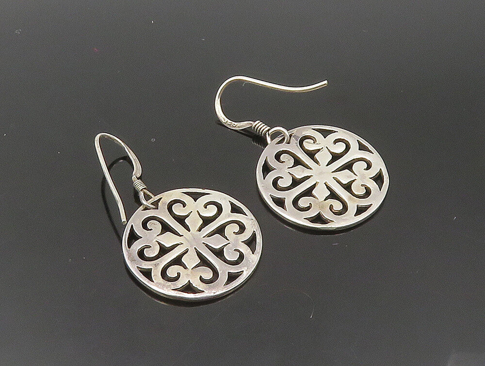 925 Silver  Vintage Love Heart Pattern Floral Motif Dangle Earrings  EG11522