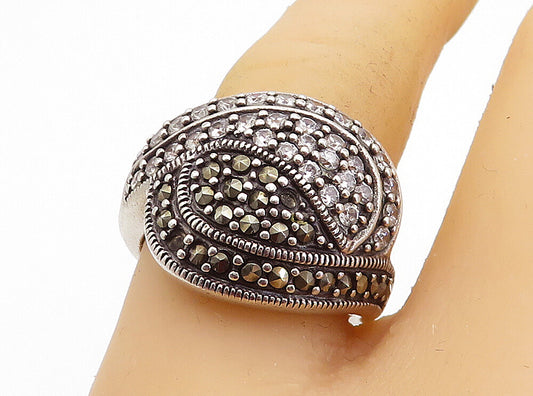 925 Sterling Silver  Vintage Topaz & Marcasite Bypass Band Ring Sz 7.5  RG4006