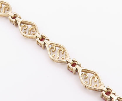 925 Sterling Silver Vintage Round Garnet & Openwork Swirl Link Bracelet BT9557