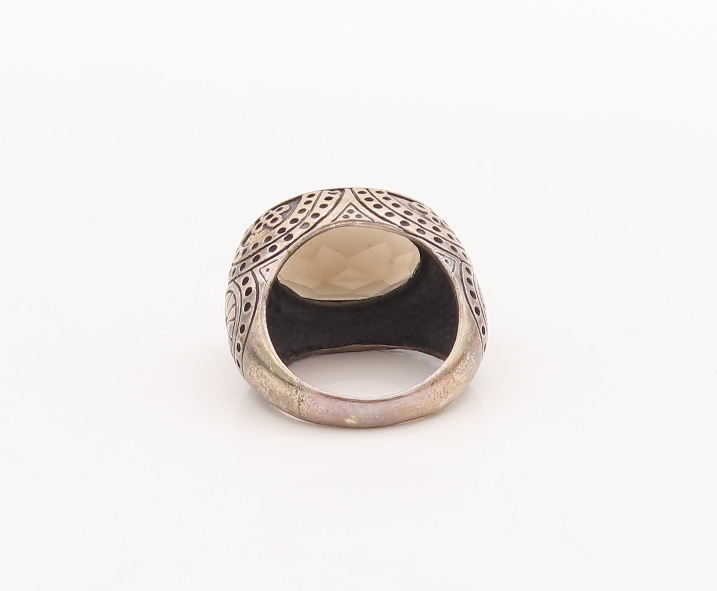 925 Sterling Silver Vintage Ring Beaded Carved Oval Smoky Quartz  Sz 8  RG29198