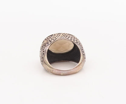 925 Sterling Silver Vintage Ring Beaded Carved Oval Smoky Quartz  Sz 8  RG29198