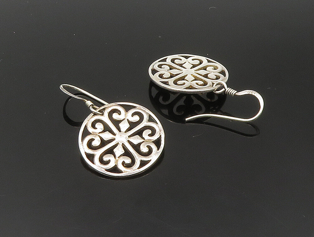 925 Silver  Vintage Love Heart Pattern Floral Motif Dangle Earrings  EG11522