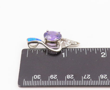 925 Sterling Silver Vintage Pendant Amethyst & Fire Opal Inlay Drop  PT25989