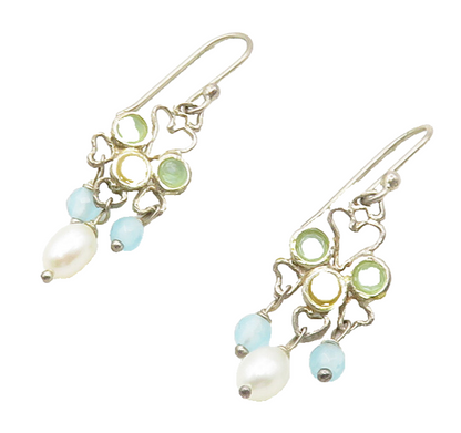 925 Sterling Silver  Vintage Pearl & Topaz Love Hearts Drop Earrings  EG6635
