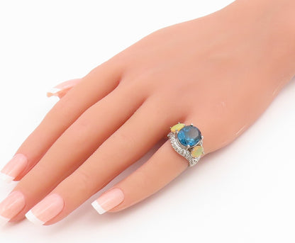 925 Sterling Silver Vintage Ring Blue Topaz & Opal Statement Band  Sz 4  RG36844
