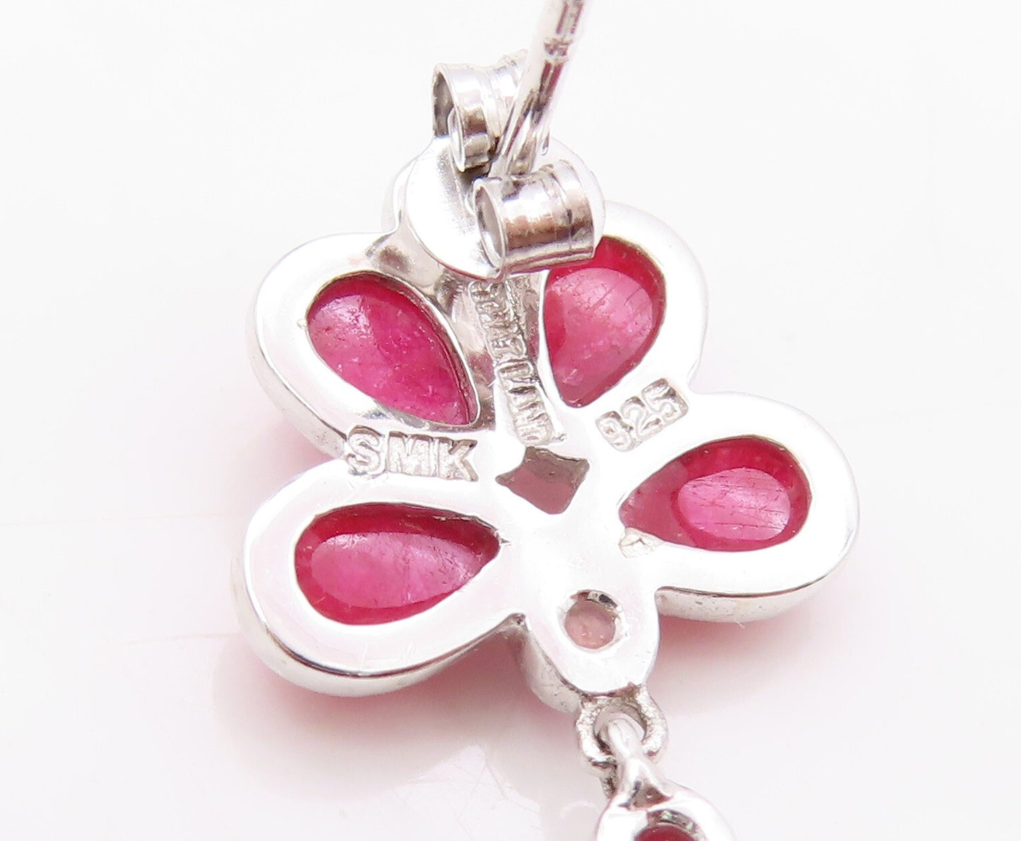 925 Sterling Silver Vintage Earrings Drop Round Cabochon Ruby Chandelier EG13409