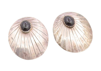 925 Sterling Silver Vintage Earrings NAVAJO Cabochon Onyx Etched Stud  EG14033