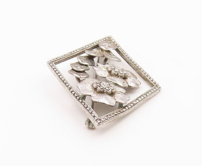 925 Sterling Silver  Vintage Sparkling Flowers Diamond Shape Brooch Pin BP8121