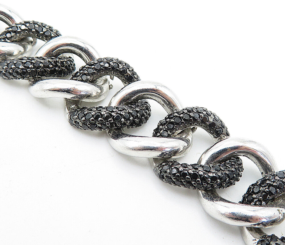 925 Sterling Silver  Black Hematite Shiny Curb Link Chain Bracelet  BT2609