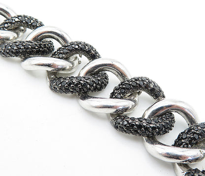 925 Sterling Silver  Black Hematite Shiny Curb Link Chain Bracelet  BT2609