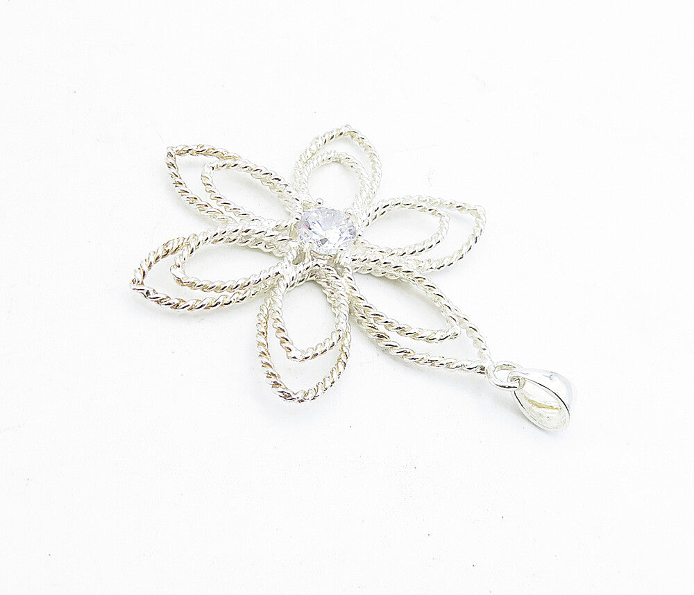 925 Sterling Silver  Cubic Zirconia Twist Open Flower Motif Pendant  PT3384