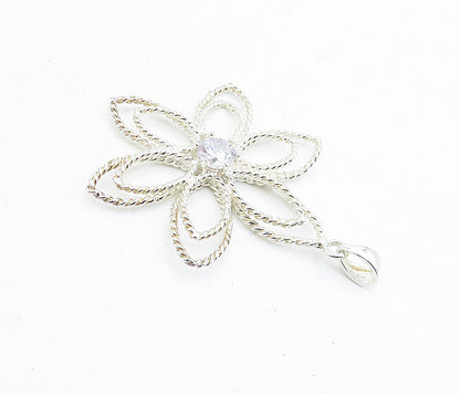 925 Sterling Silver  Cubic Zirconia Twist Open Flower Motif Pendant  PT3384