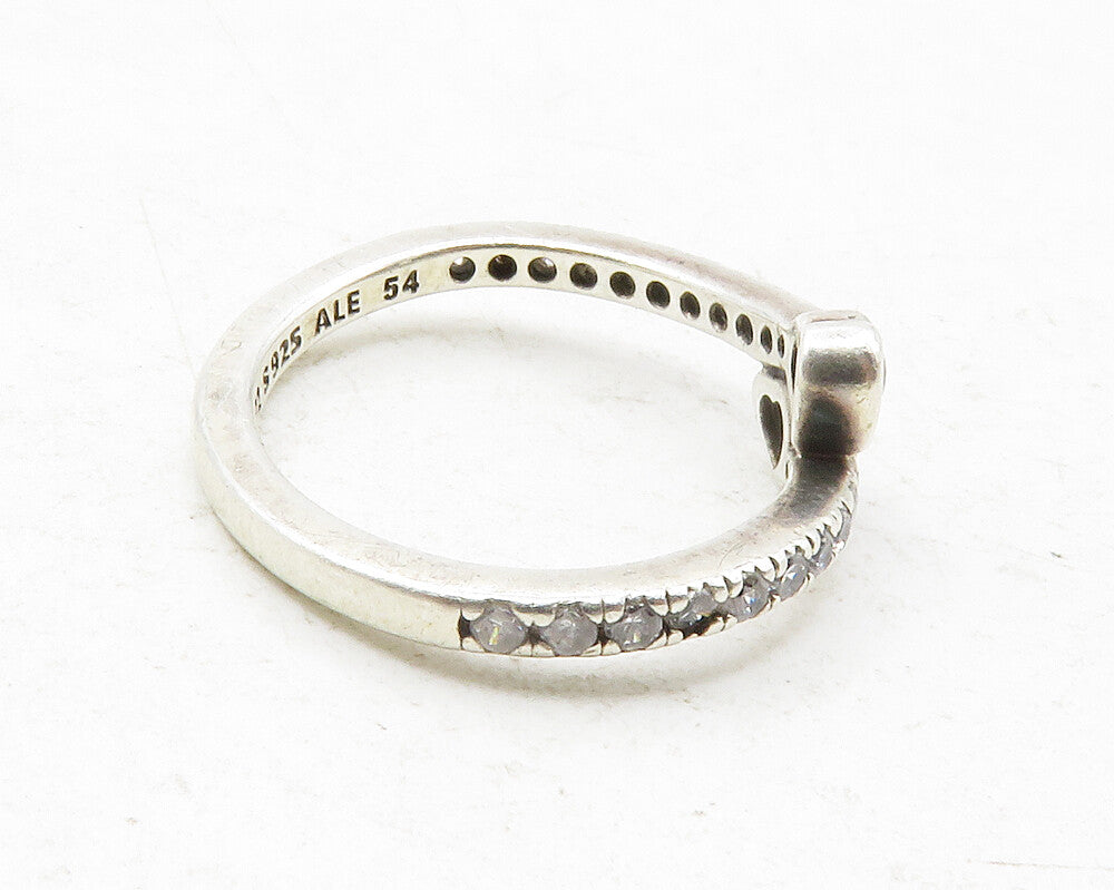 PANDORA 925 Silver  Cubic Zirconia Love Heart Bypass Band Ring Sz 6  RG12619