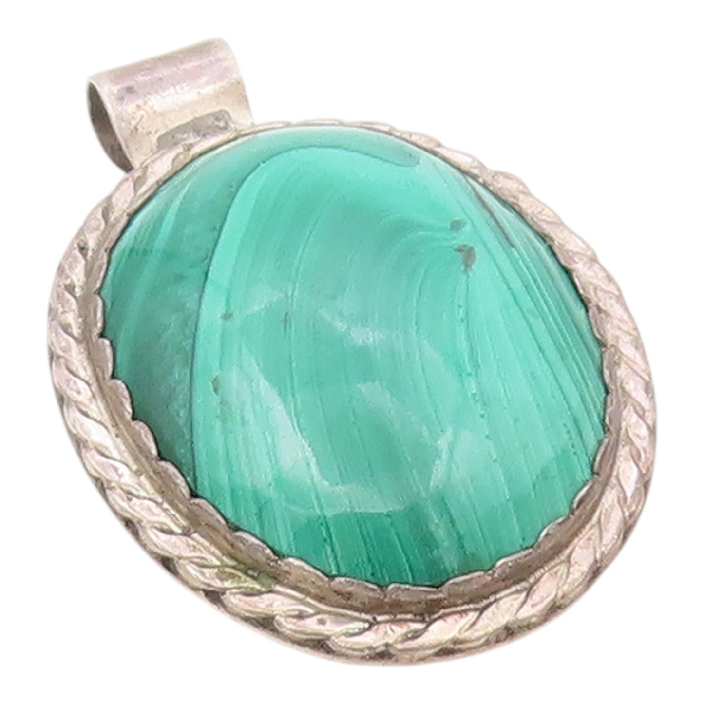NAVAJO 925 Sterling Silver   Vintage Cabochon Cut Malachite Pendant  PT13809