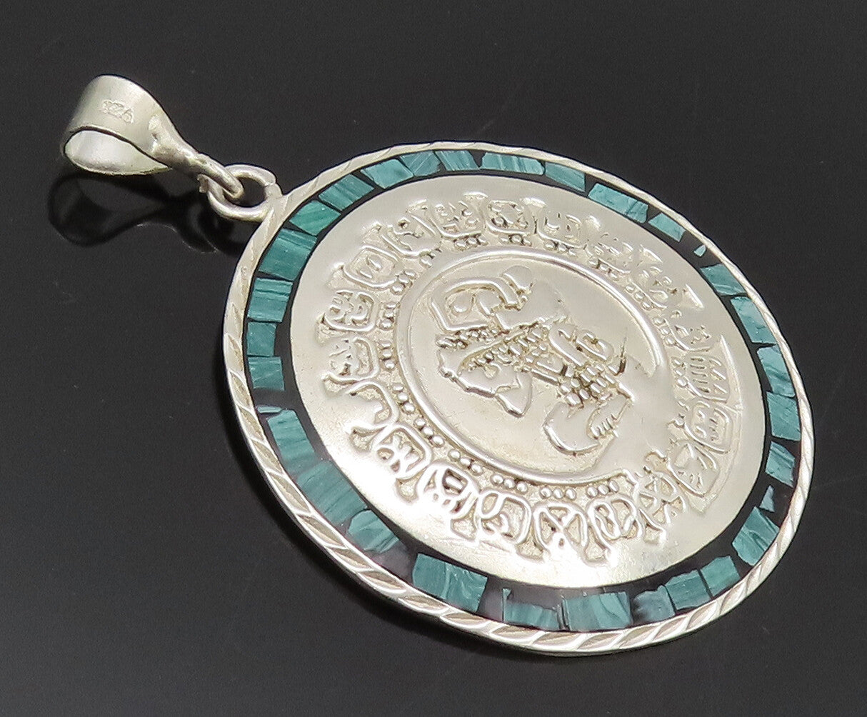 MEXICO 925 Sterling Silver  Vintage Carved Inlay Malachite Pendant  PT22368