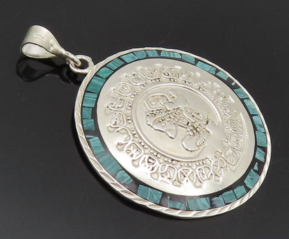 MEXICO 925 Sterling Silver  Vintage Carved Inlay Malachite Pendant  PT22368