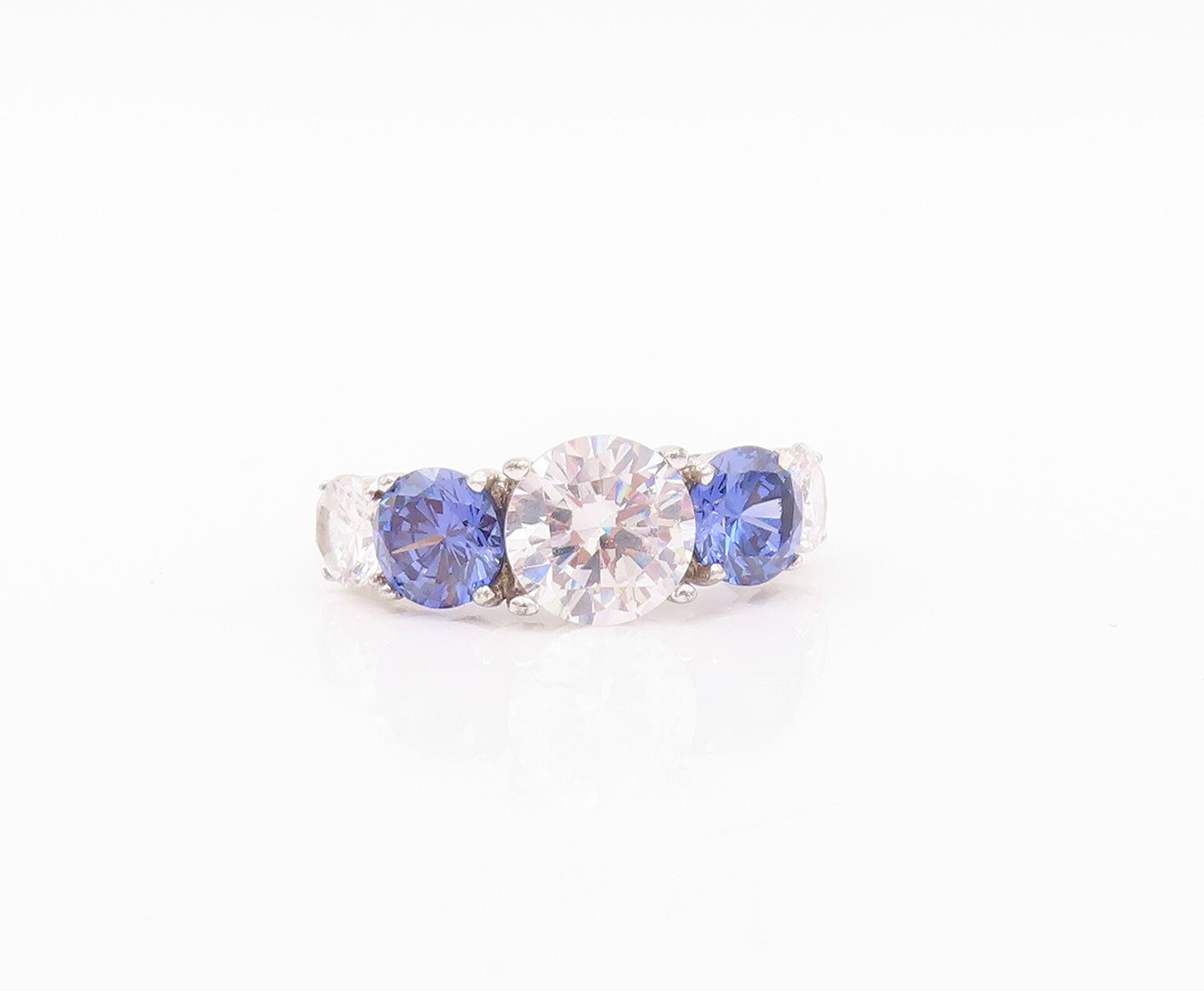 925 Sterling Silver Vintage Ring Round Cut Sapphire & CZ Band  Sz 7  RG30458