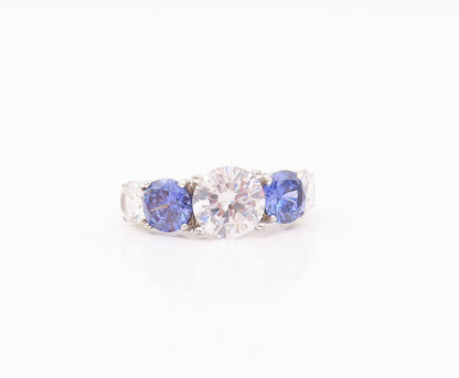 925 Sterling Silver Vintage Ring Round Cut Sapphire & CZ Band  Sz 7  RG30458
