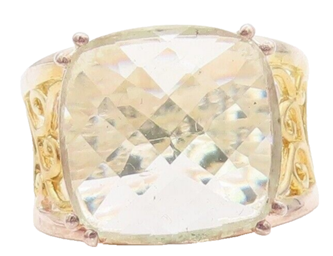 925 Sterling Silver Vintage Ring Gold Plated Carved Green Amethyst Sz 7  RG30072