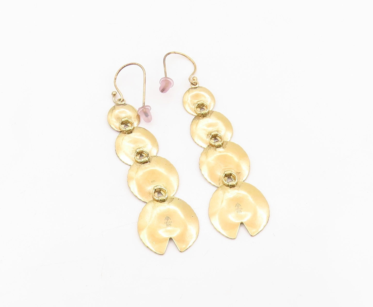 925 Sterling Silver Vintage Earrings Gold Plated Etched Lotus Leaf Drop  EG13887