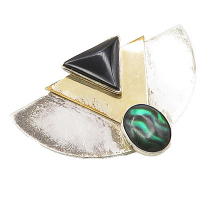 925 Silver & 14K GOLD  Vintage Black Onyx & Abalone 2 Tone Brooch Pin  BP7388