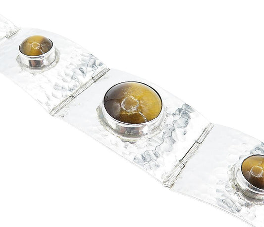 ISRAEL 925 Silver  Vintage Tiger's Eye Shiny Hammered Chain Bracelet  BT2178