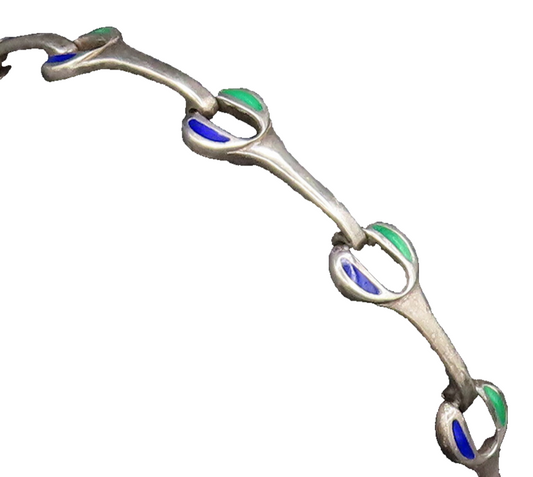 925 Sterling Silver  Vintage Green & Blue Enamel Wrench Link Bracelet  BT9708