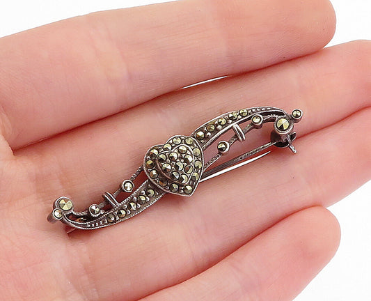 925 Sterling Silver  Vintage Marcasite Decorated Love Heart Brooch Pin  BP1762